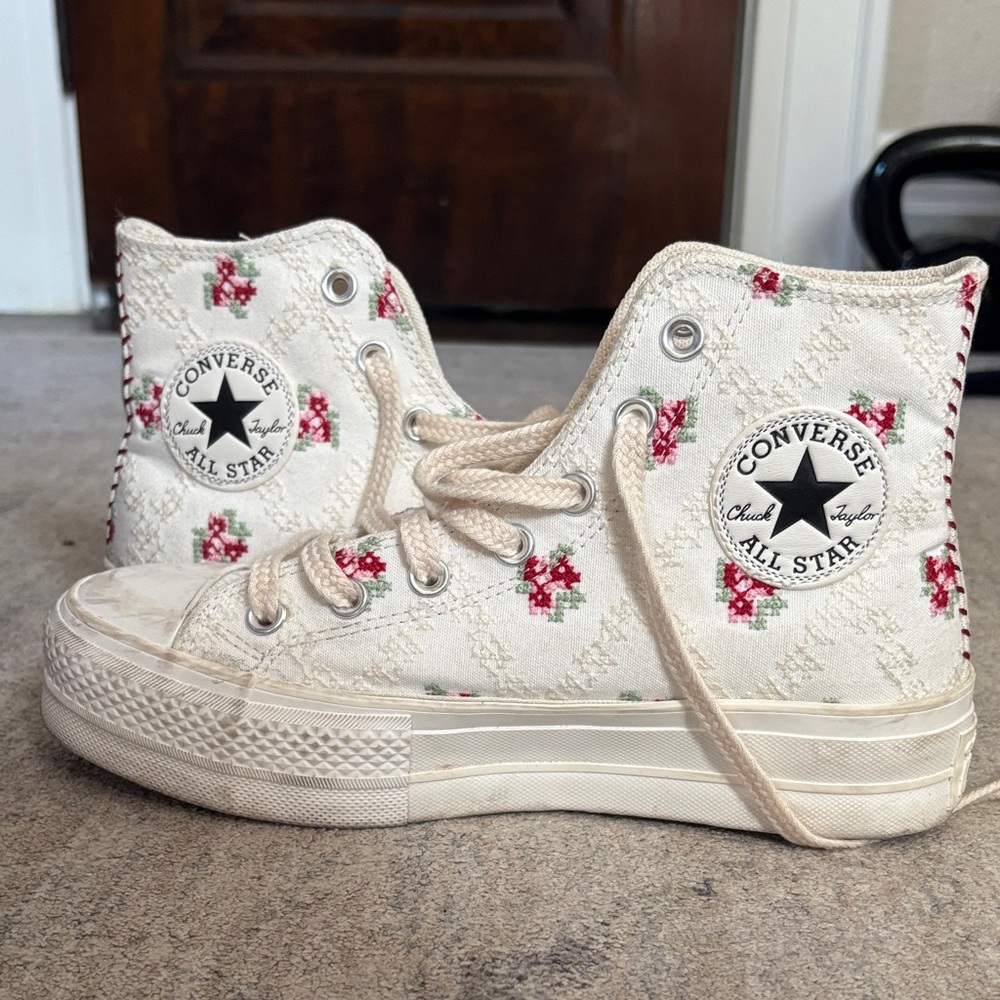 Converse High Top Sneakers - Cream with Pink Floral Embroidery